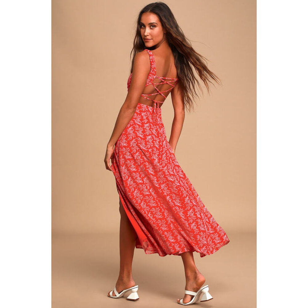 Back to Backless Red Print Lace-Up Backless Dress